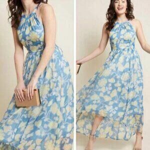 Modcloth Brave New Whirl High Low Halter Maxi Dress Blue Yellow Floral M